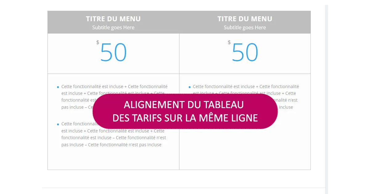 DIVI : alignement du tableau des tarifs sur la même ligne